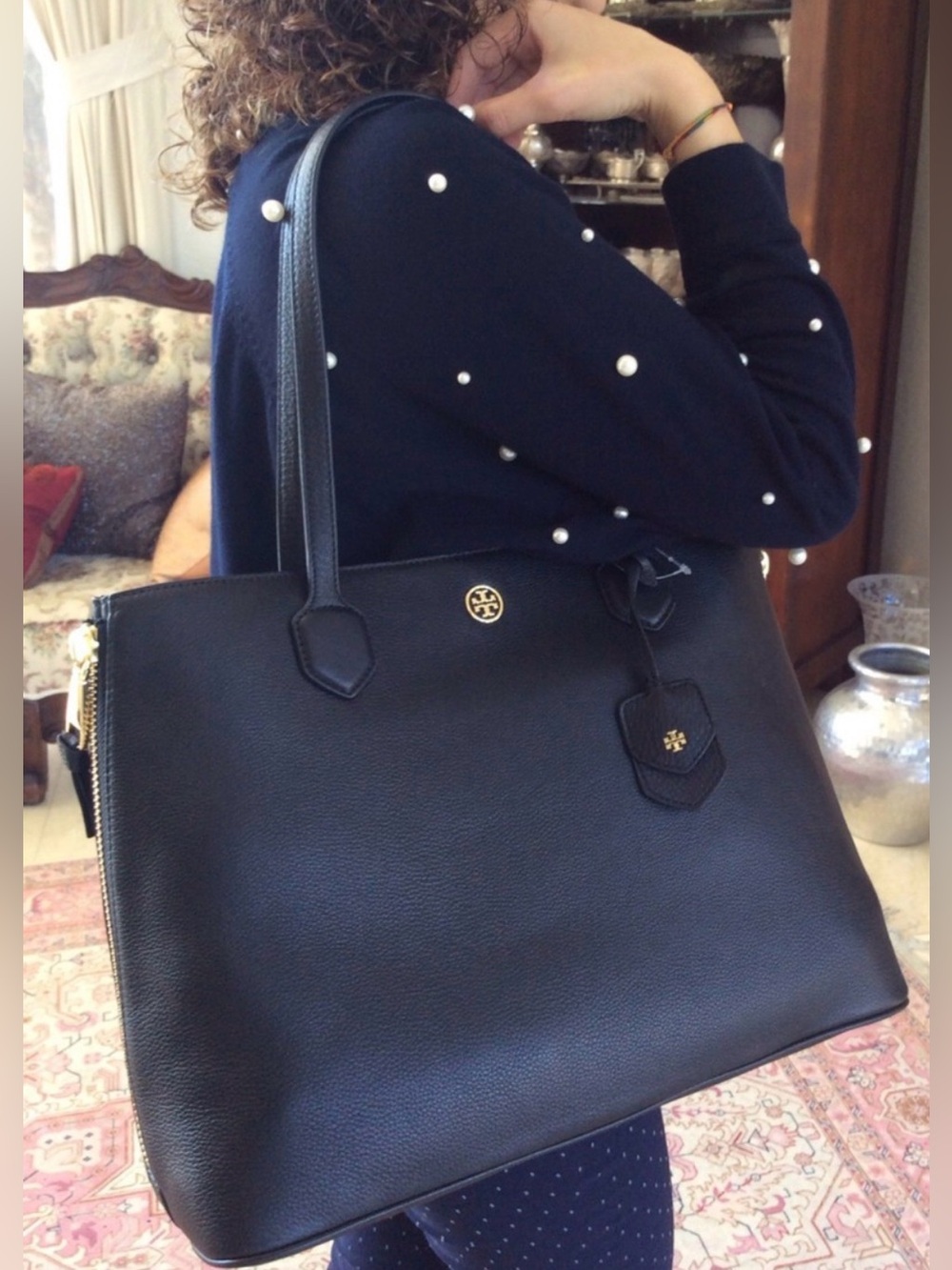 Tory Burch Black Pebbled Leather Tote with Gold Logo
